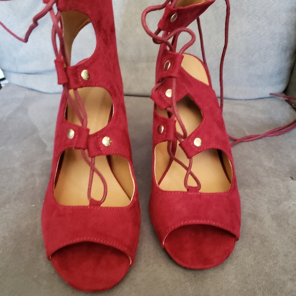 Lace up open toe heels